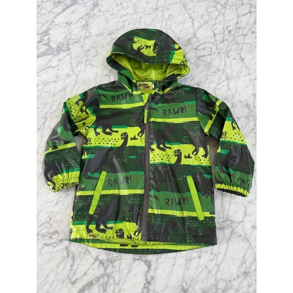 Western Chief Sz 4T Rain Jacket Kids Green & Dark Green Dinosaur Rain Jacket